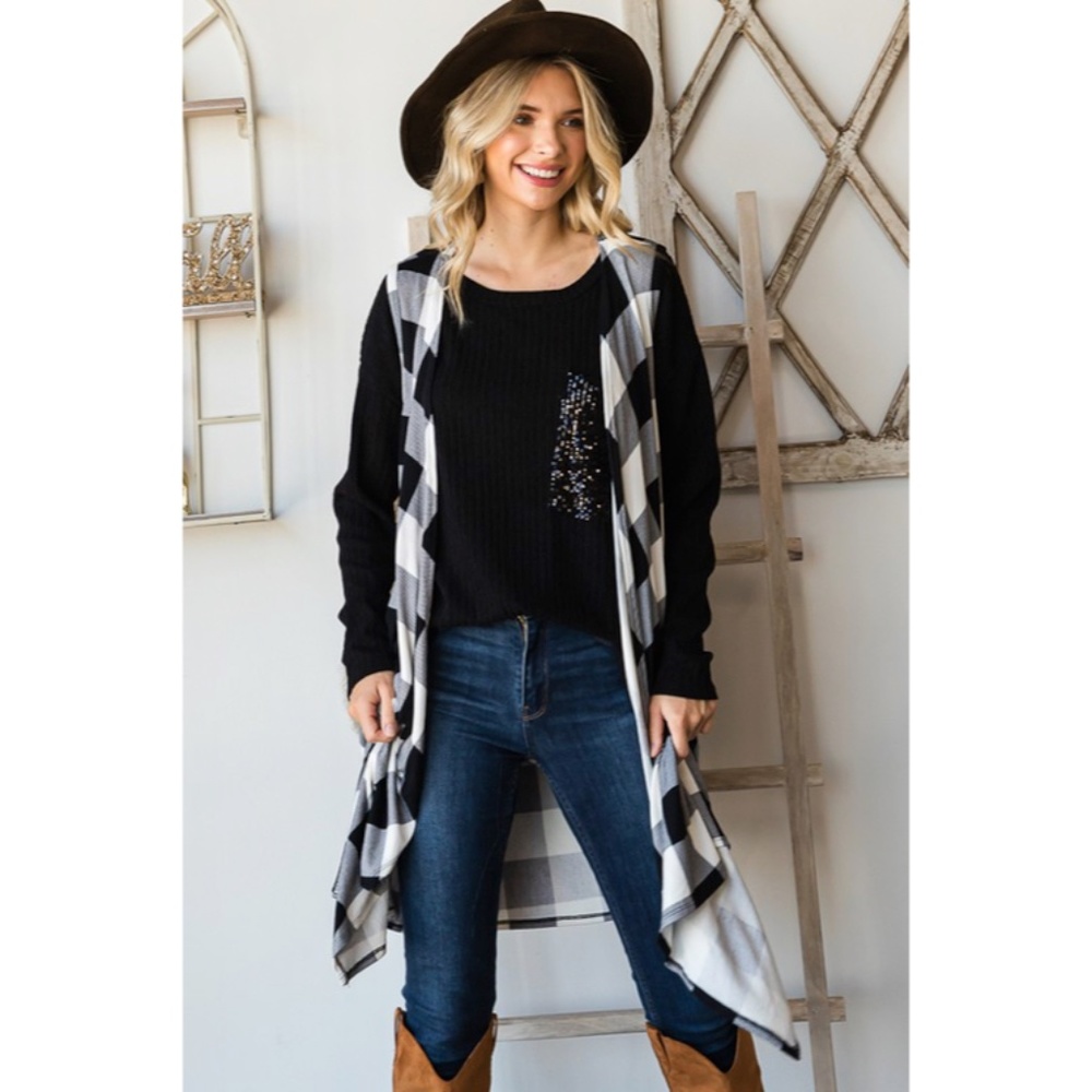 SOLD OUT Off White Black Checkered Buffalo Plaid Printed Sleeveless Waterfall - Picture 4 of 5
